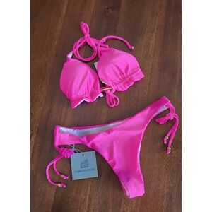NWT Cabo Couture Pink Bikini Swimsuit Set Tie Side Beach Women Sz L Gold Details